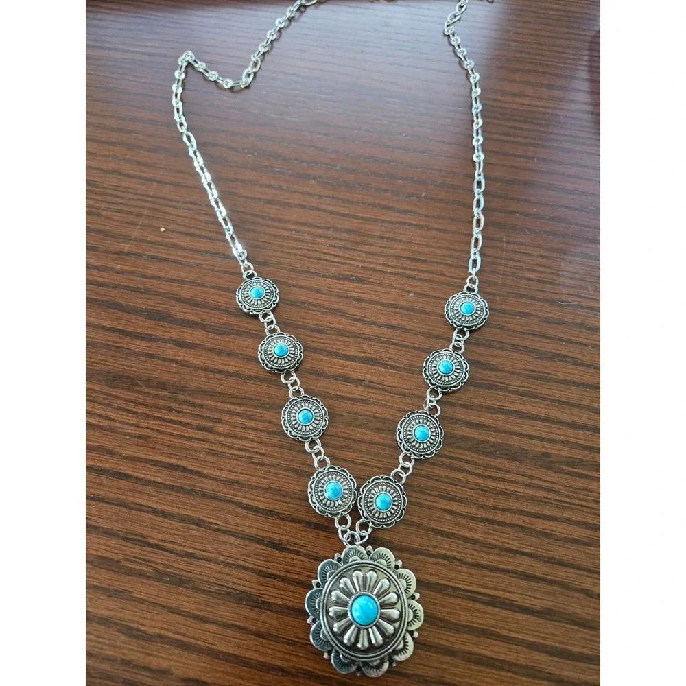 Western Turquoise Concho Statement Necklace